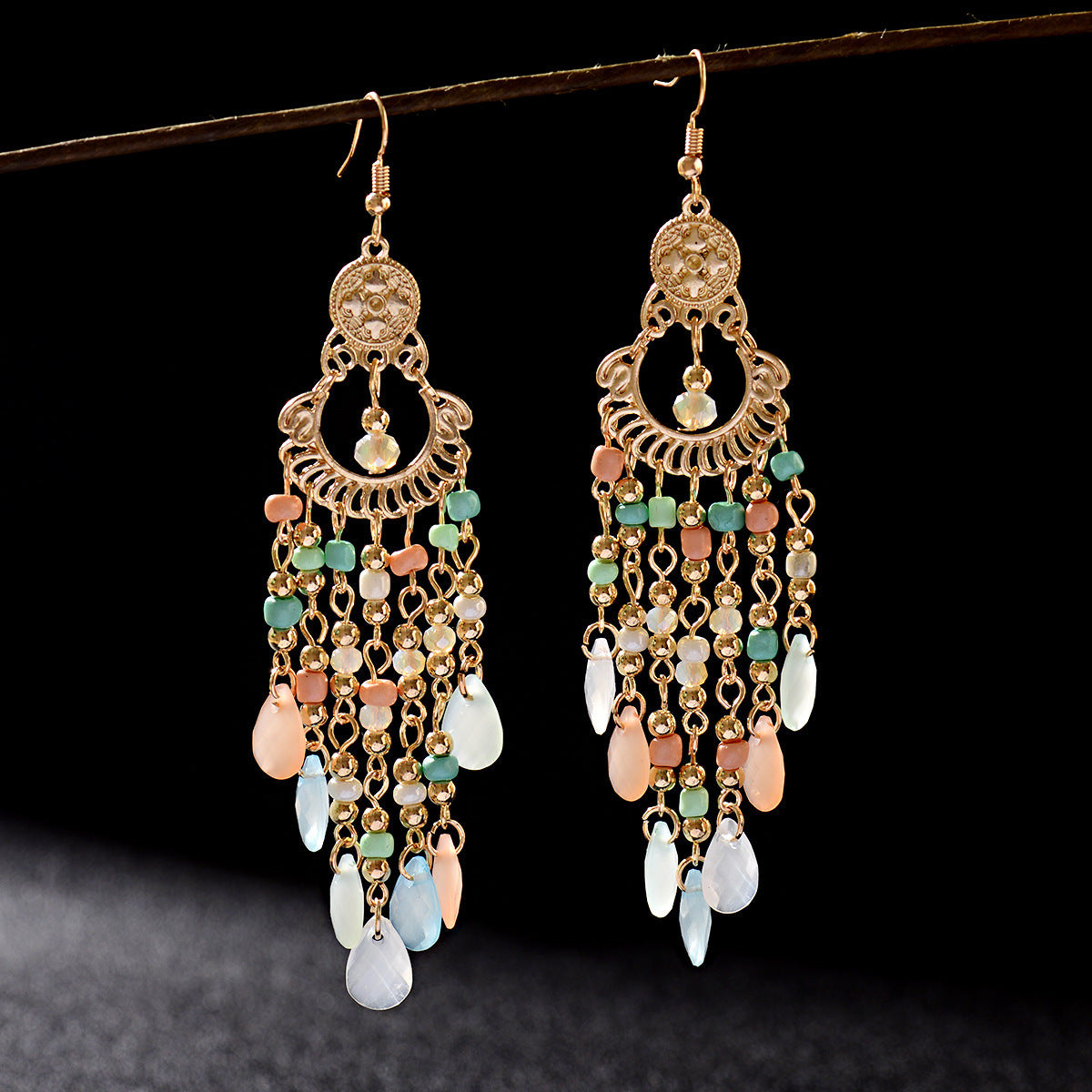 Bohemian Gem All Match Water Drop Tassel Temperamental Dangle Earrings