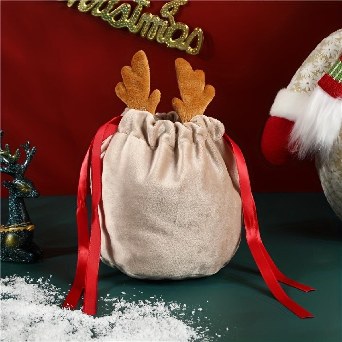 5 Pcs Christmas Velvet Drawstring Candy Gift Bags With Antlers 2 Styles Mini Xmas Present Pouch 7x5 Inch Santa Gift Wrapping Bags