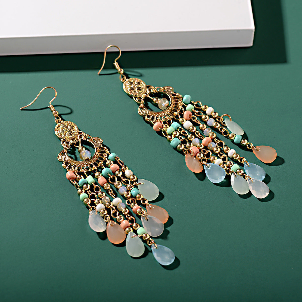 Bohemian Gem All Match Water Drop Tassel Temperamental Dangle Earrings