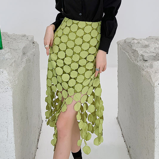Cut-out And Spliced Fringe Design Slim Hip Skirt