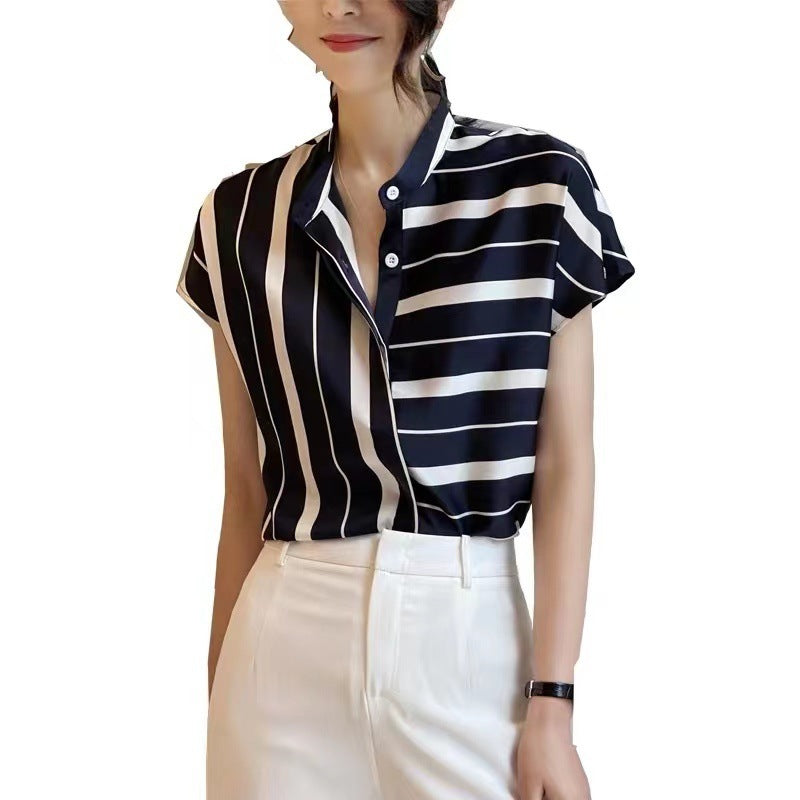 Women's Irregular Stripe Chiffon Short Sleeve Shirt