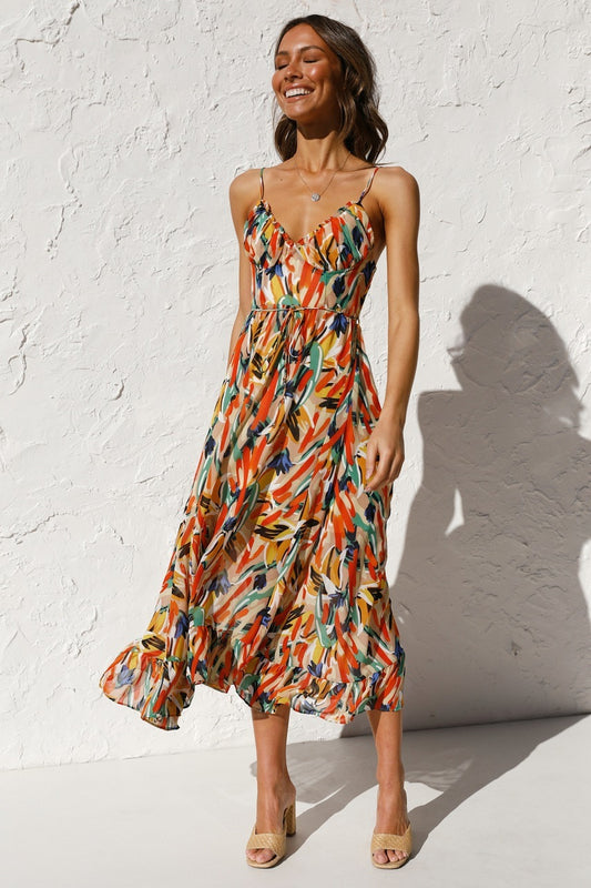 New Women's Printed Ruffle Sleeveless Dress