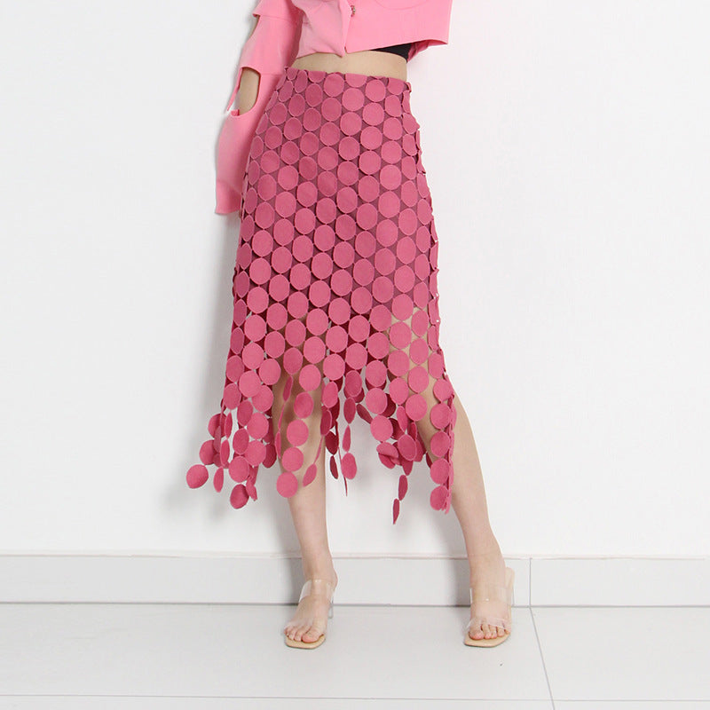 Cut-out And Spliced Fringe Design Slim Hip Skirt
