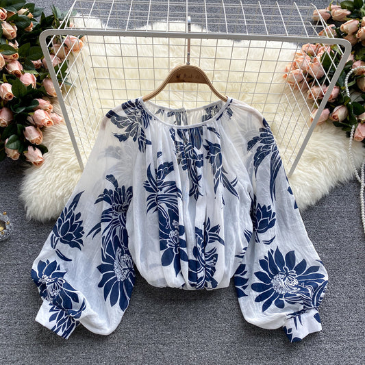 Ins Holiday Style Pullover Shirt Women Western Style Puff Sleeves