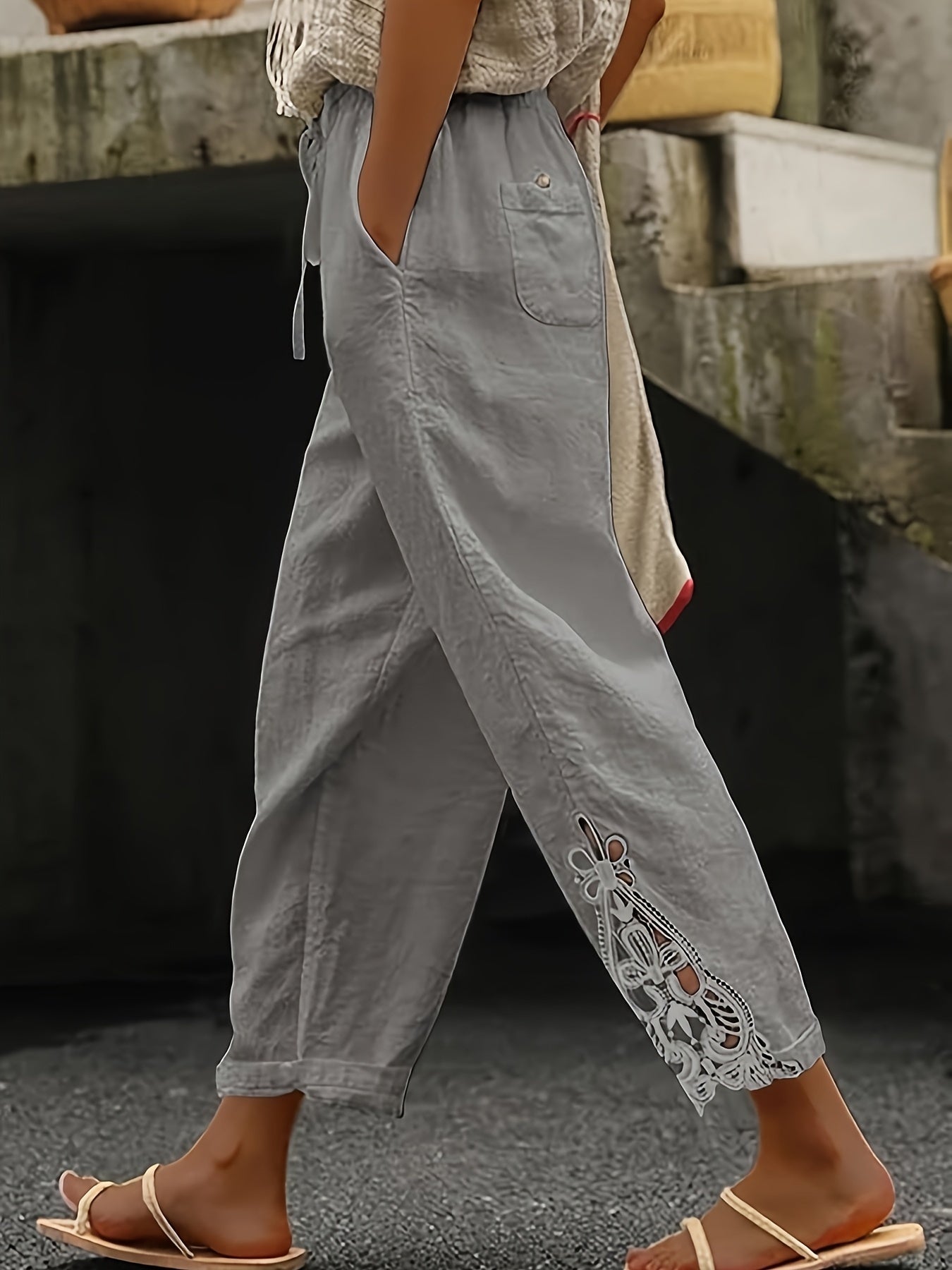 Women's Lace Stitching Drawstring Straight Casual Pants