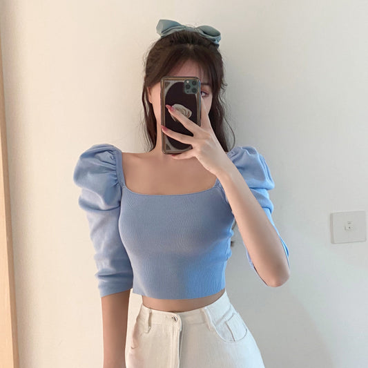 Square neck puff sleeve short sleeve
