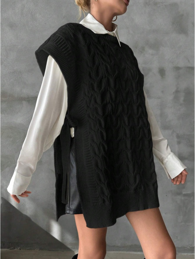 Women's Solid Color V-Neck Tie Casual Knit Vest
