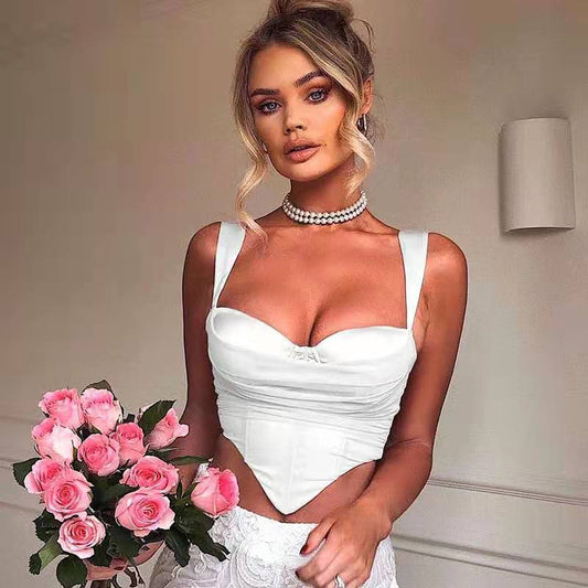 Women's Sexy Mesh Gauze Folds Exposed Umbilical Short Outer Wear Camisole Women