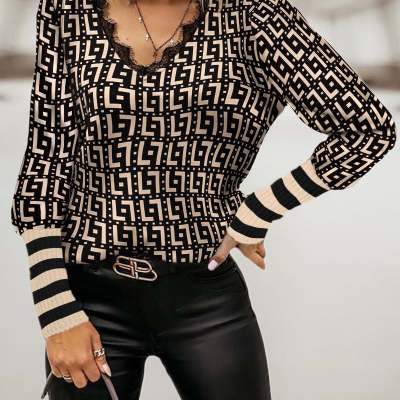 Loose Long Sleeved Pullover V Neck Check Print Blouse