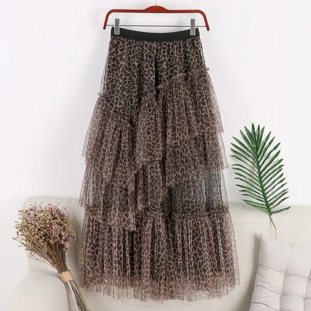 Leopard print high waist mesh skirt