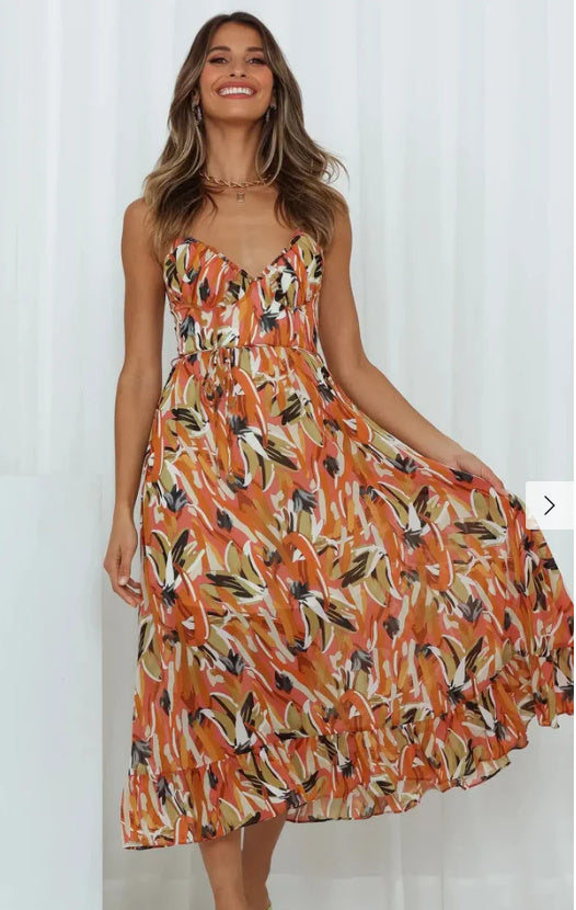 New Women's Printed Ruffle Sleeveless Dress