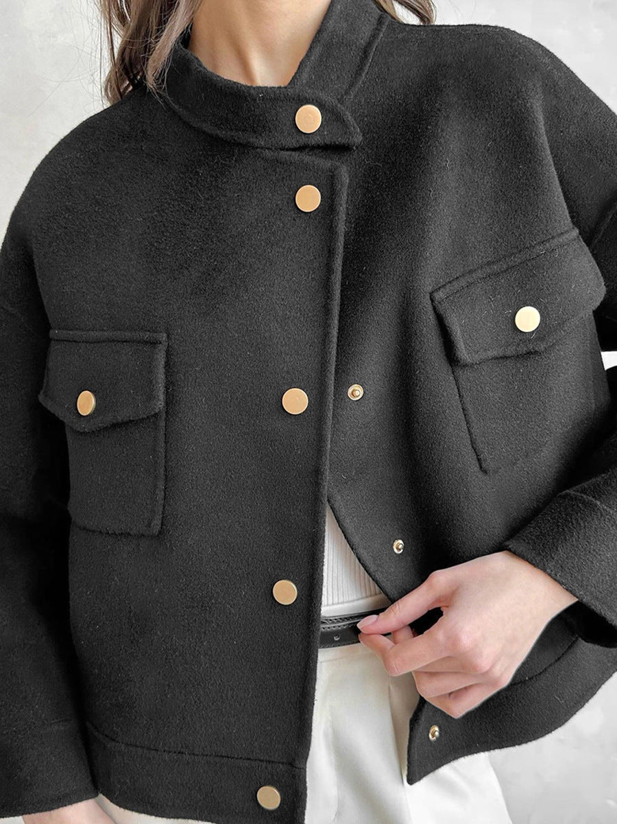 Stand Collar Design Women Loose Autumn And Winter Woolen Coat