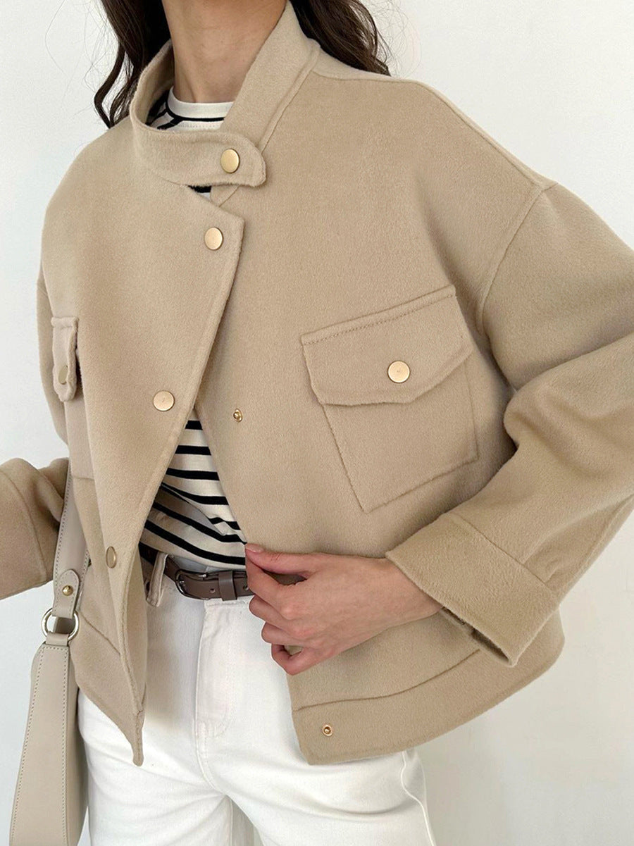 Stand Collar Design Women Loose Autumn And Winter Woolen Coat