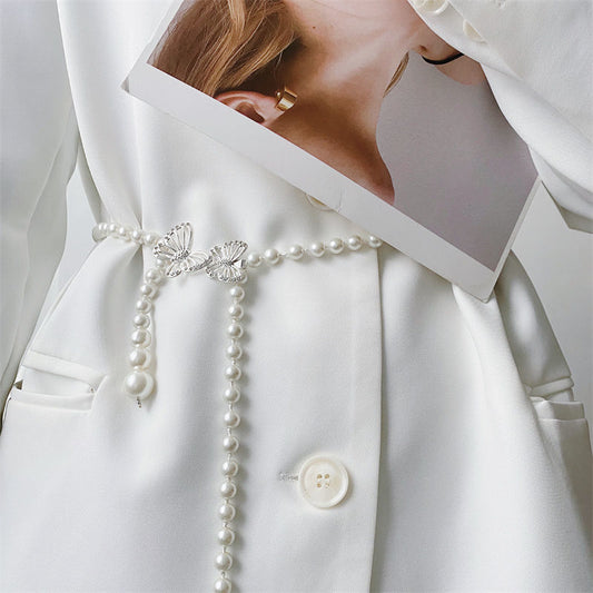 INS Pearl Waist Chain Femininity  Match Shirt Suit Dress Son Thin Waist Seal Retro Perforation-free Belt