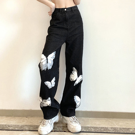Women's New Butterfly Print High Waist Loose Jeans
