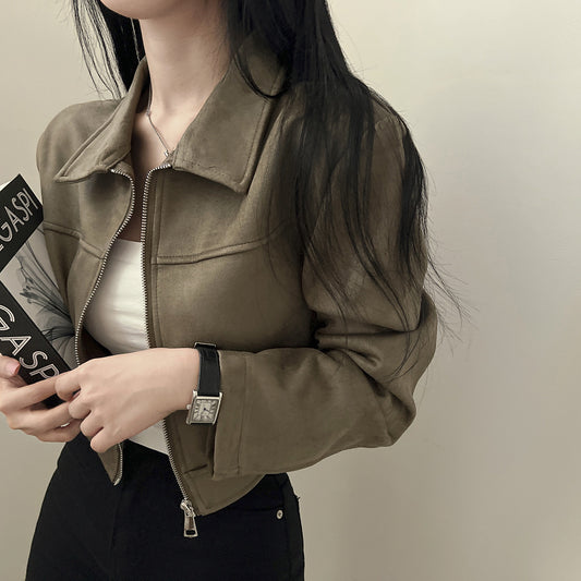 Retro Simple Pure Color Slimming Versatile Zipper Lapel Suede Fabric Jacket
