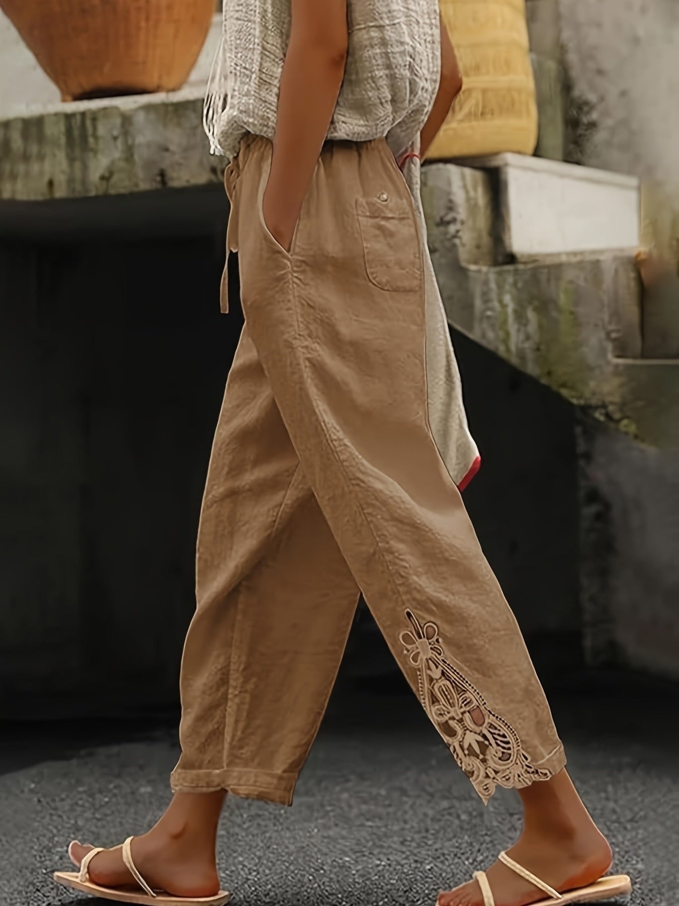 Women's Lace Stitching Drawstring Straight Casual Pants