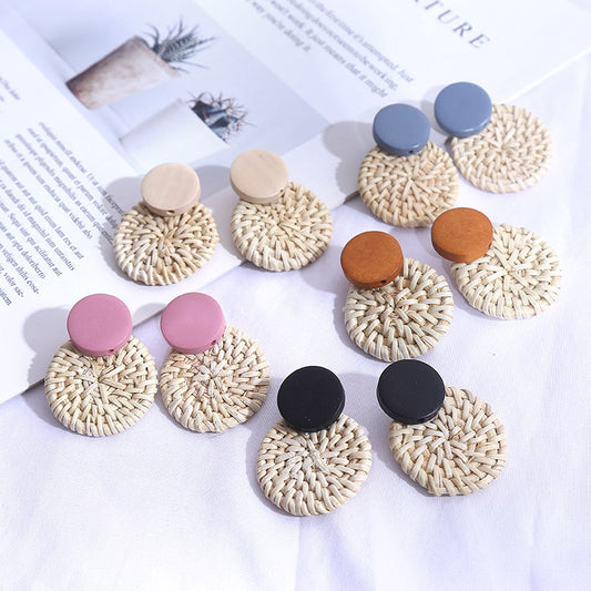 Women's Wooden Rattan Geometric Round Boho Earrings