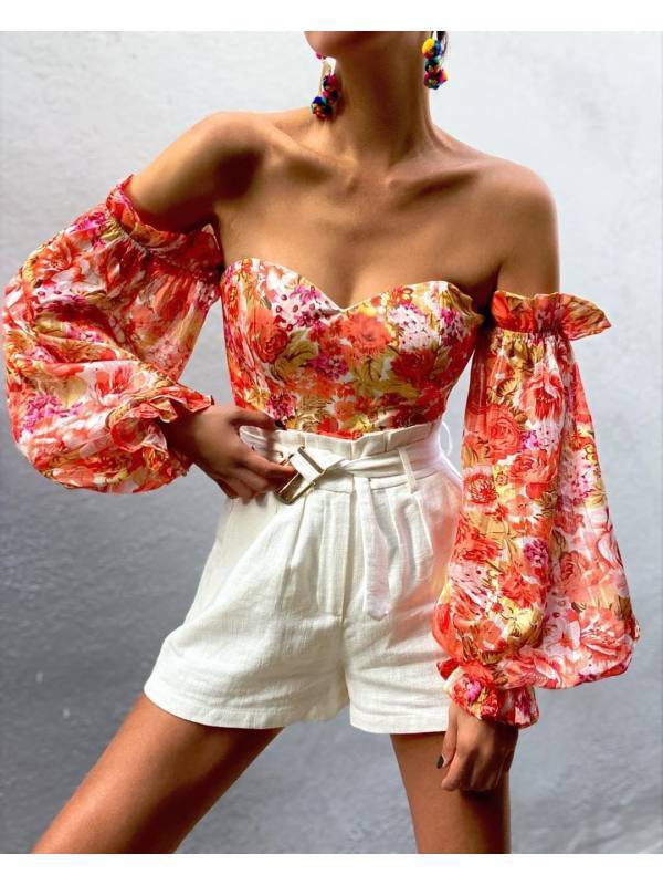 Sexy Off-shoulder Wrapped Chest Printed Lantern Sleeve Chiffon Shirt Blouse