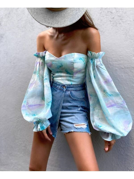 Sexy Off-shoulder Wrapped Chest Printed Lantern Sleeve Chiffon Shirt Blouse