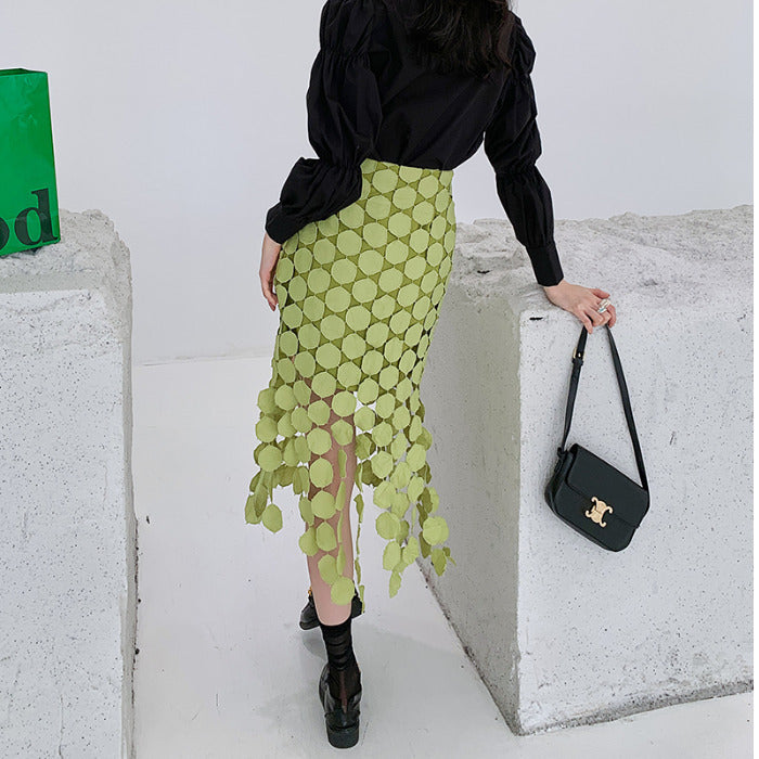 Cut-out And Spliced Fringe Design Slim Hip Skirt