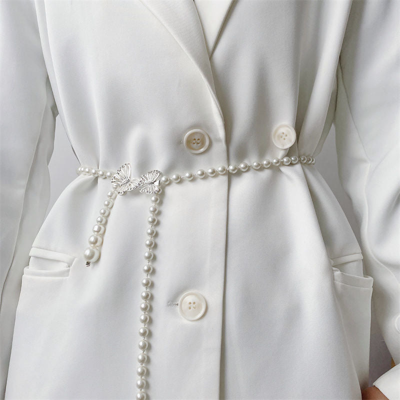 INS Pearl Waist Chain Femininity  Match Shirt Suit Dress Son Thin Waist Seal Retro Perforation-free Belt