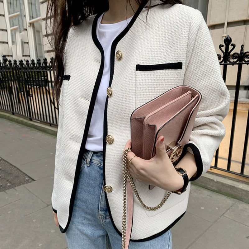 French Round Neck Trim Contrast Color Chic Single-breasted Loose Multi-pocket Design Short Jacket Women