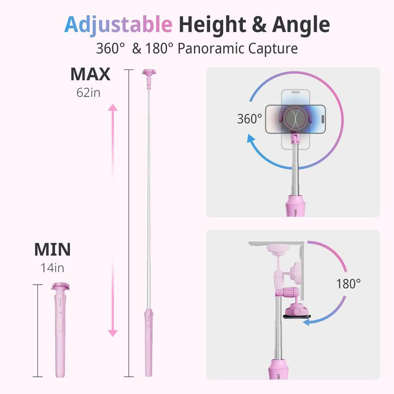 62'' Magnetic Tripod for Iphone with Remote, Extendable Cell Phone Tripod Stand, Compatible with Magsafe, Selfie Stick Tripod for Iphone 15 14 13 12 11 Series and Android Phones Pink