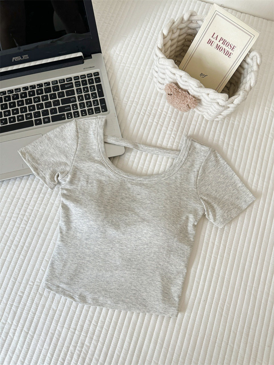 Hollow-out Cross Backless Tight Belt Chest Pad All-matching Round Neck T-shirt
