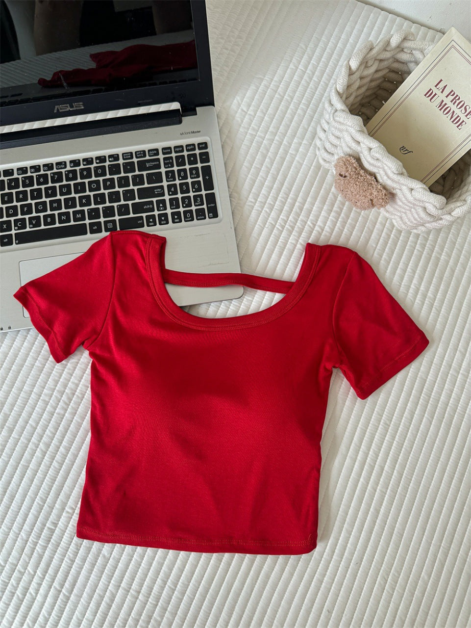Hollow-out Cross Backless Tight Belt Chest Pad All-matching Round Neck T-shirt