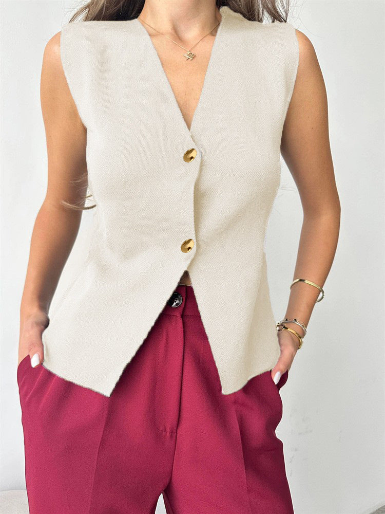 Metal Buckle Slit Knitted Vest Slim Fit Vest Foreign Trade Tup Cardigan
