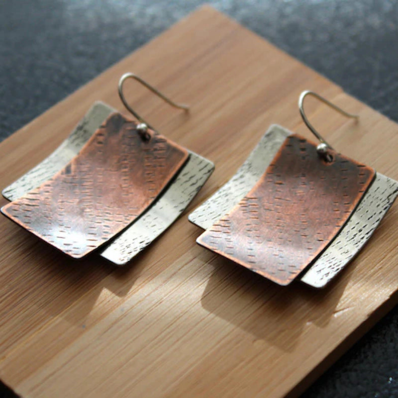 Boho Curved Two-tone Hammered Pendant Earrings