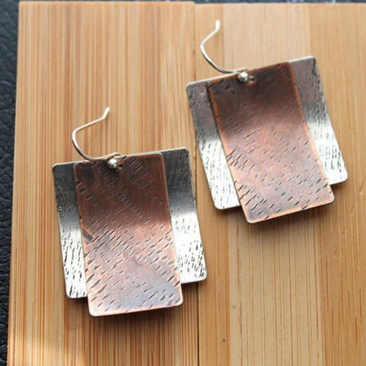 Boho Curved Two-tone Hammered Pendant Earrings