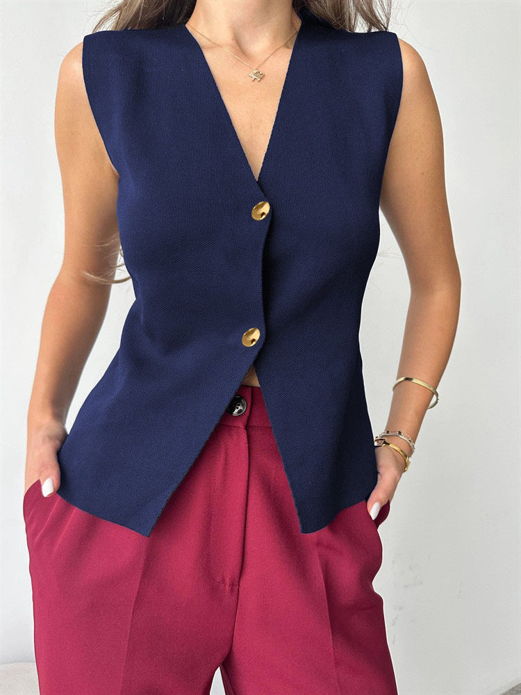 Metal Buckle Slit Knitted Vest Slim Fit Vest Foreign Trade Tup Cardigan