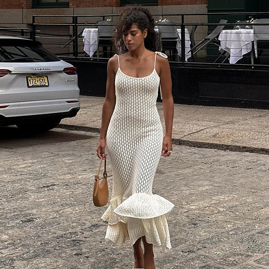 Beach Knitted Sling Tiered-Ruffle Long Dress Women