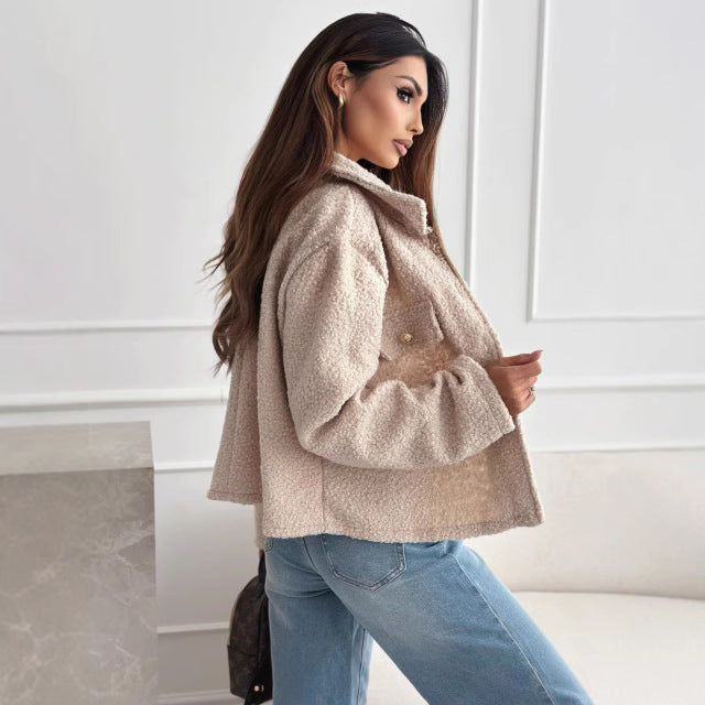 Solid Color Polo Collar Tweed Coat Women