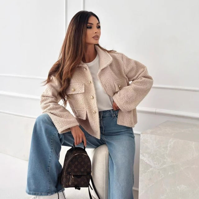 Solid Color Polo Collar Tweed Coat Women