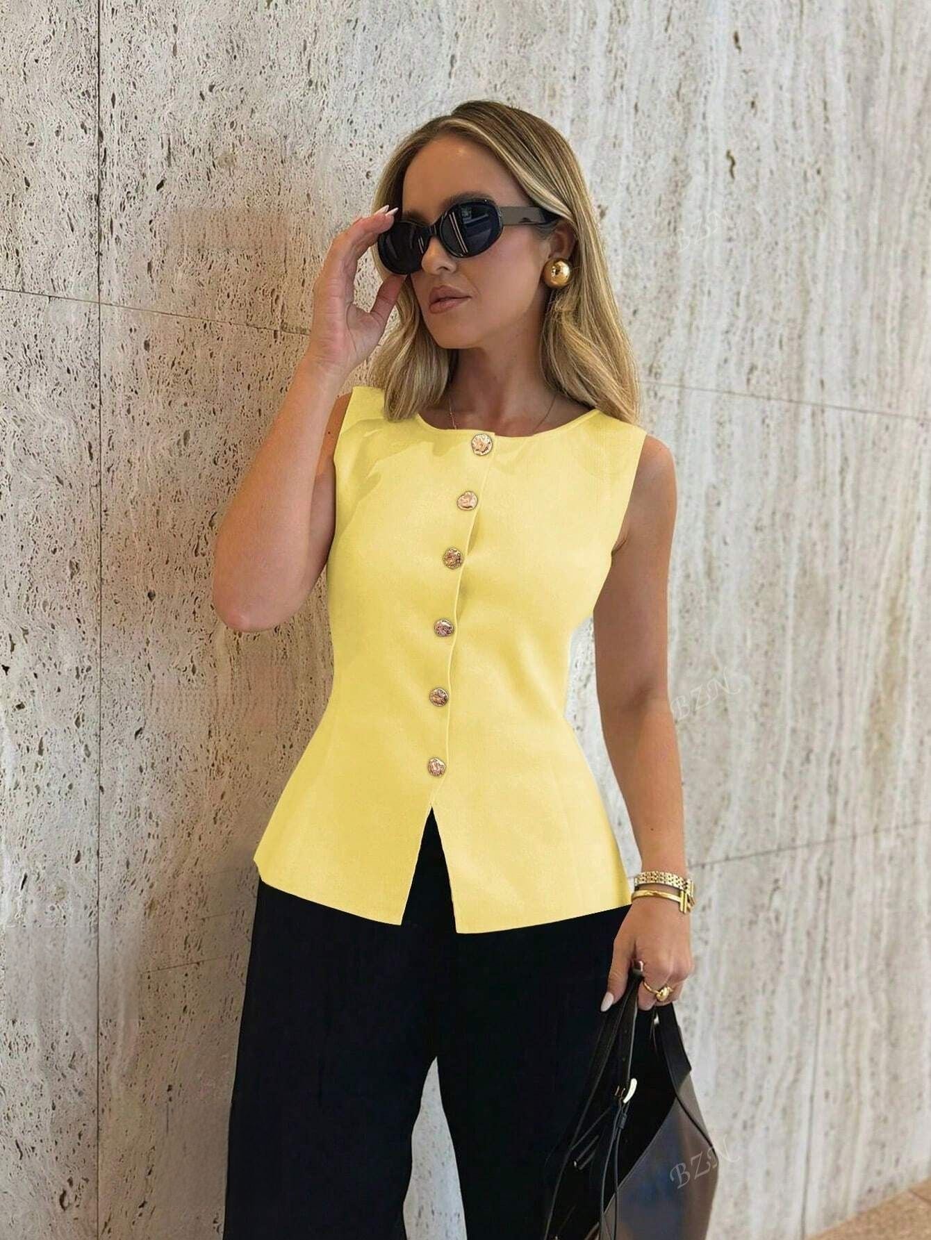 Metal Buckle Slit Knitted Vest Slim Fit Vest Foreign Trade Tup Cardigan