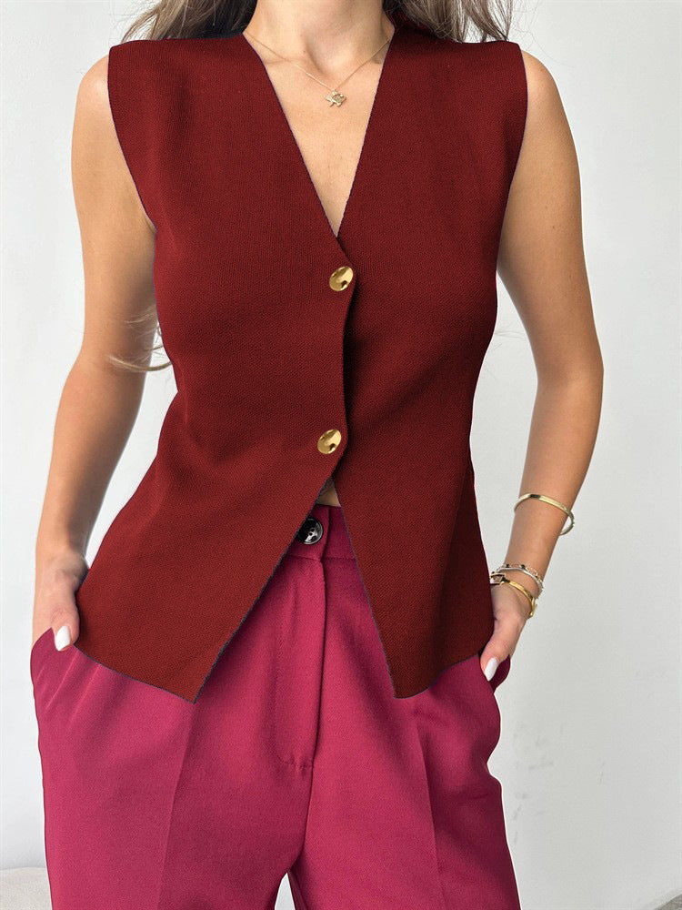 Metal Buckle Slit Knitted Vest Slim Fit Vest Foreign Trade Tup Cardigan