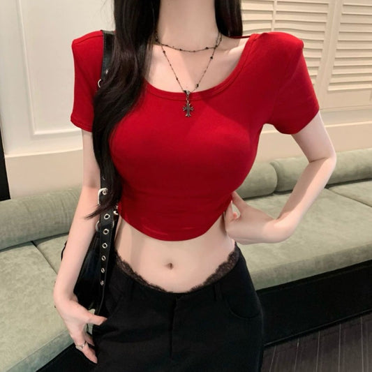Hollow-out Cross Backless Tight Belt Chest Pad All-matching Round Neck T-shirt
