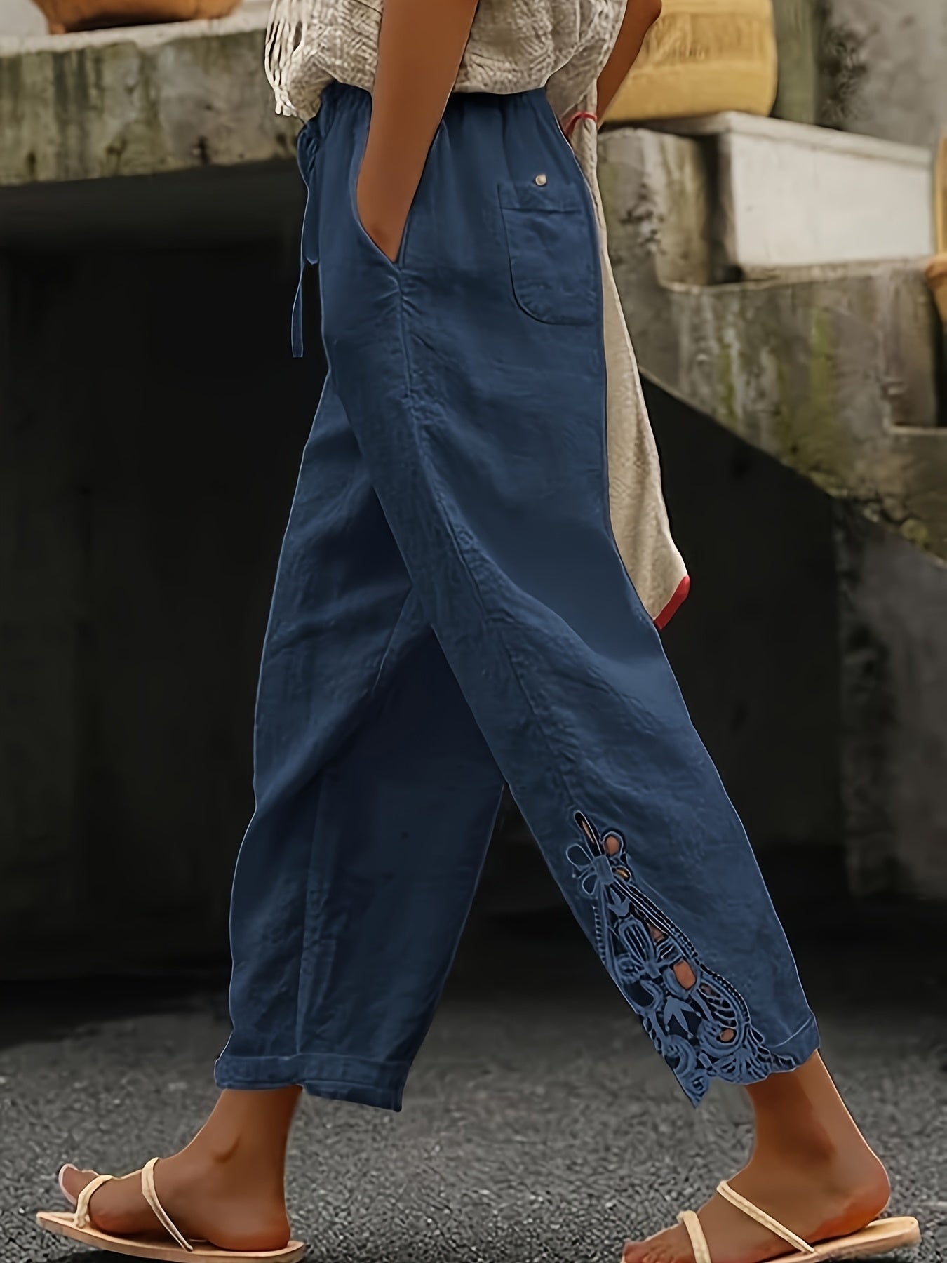 Women's Lace Stitching Drawstring Straight Casual Pants