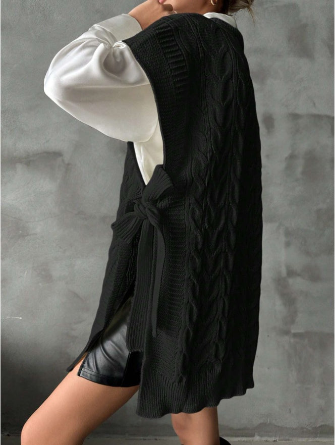 Women's Solid Color V-Neck Tie Casual Knit Vest