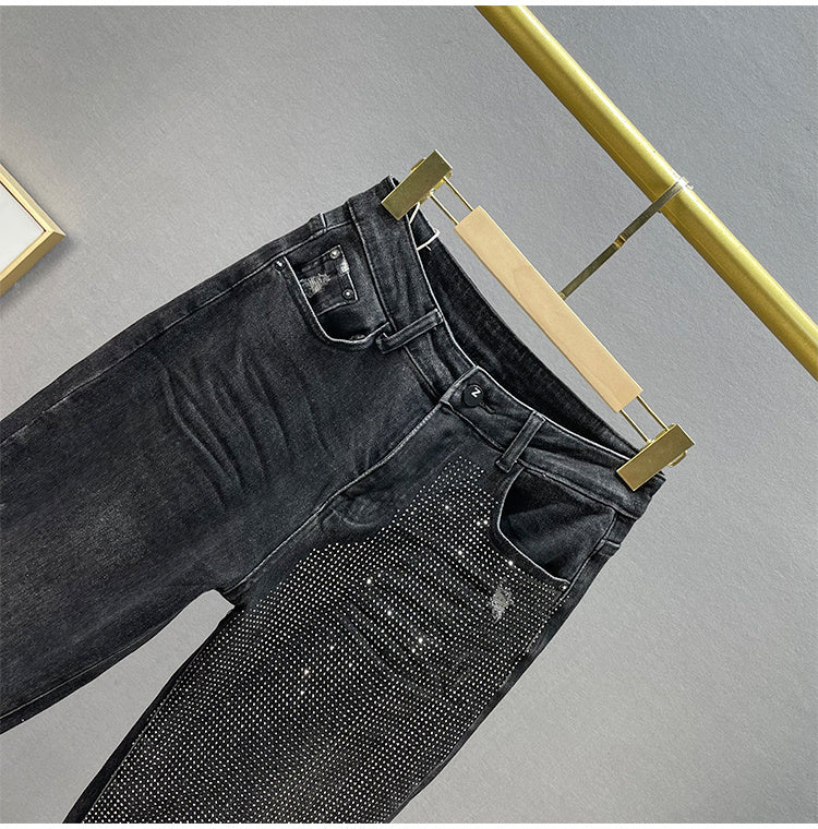 Loose Jeans Women's Cotton Elastic High Waist Slimming Hot Rhinestones