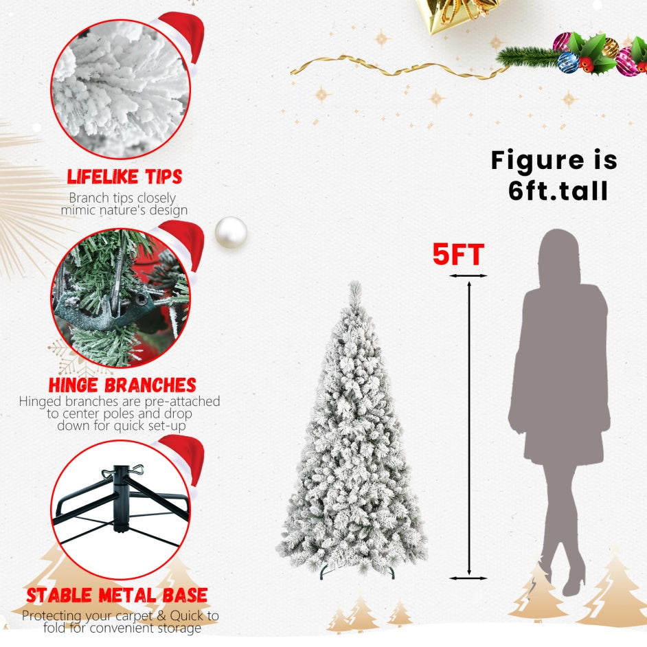 5-foot Velvet Christmas Tree With 250 Warm White LED Lights - 518 Tips, Snowy PVC And Stiff Needle Branches, Hinged Design For Easy Setup, Sturdy Metal Stand - Panoramic Realistic Holiday Tree