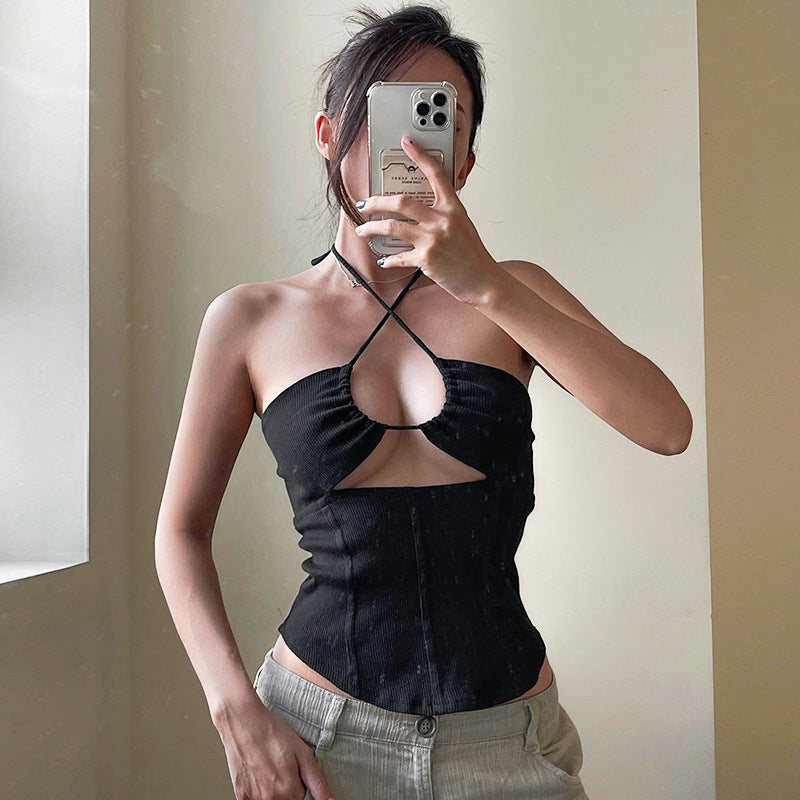 One-line Neck Hanging Neck Lace-up Small Vest Solid Color Top