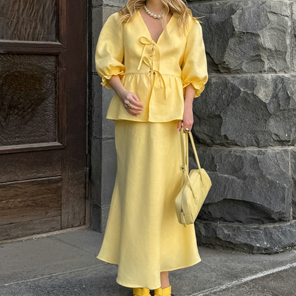Pleated Lace-up Top Puff Sleeve Skirt
