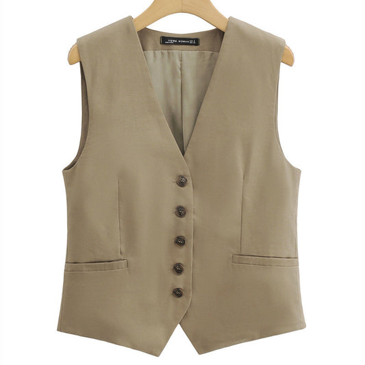 Linen Cotton Blend Slim Fit Short Suit Vest For Women