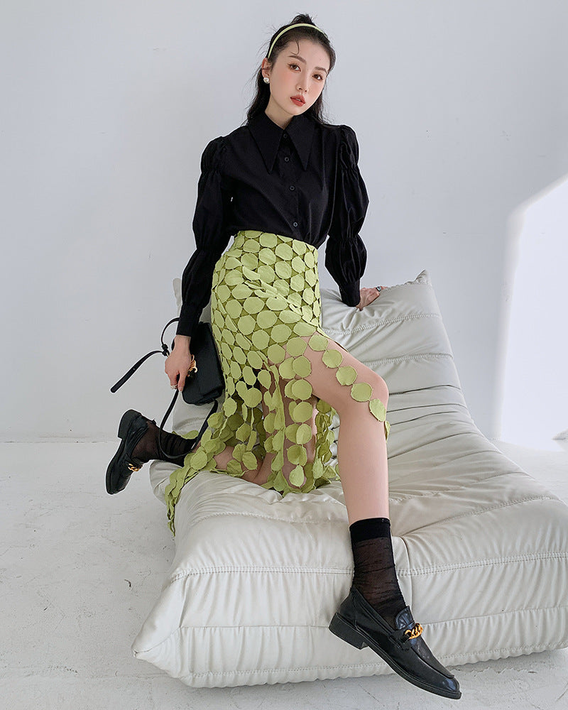 Cut-out And Spliced Fringe Design Slim Hip Skirt