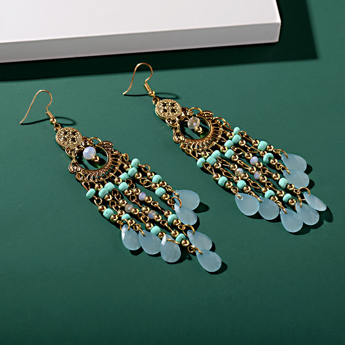 Bohemian Gem All Match Water Drop Tassel Temperamental Dangle Earrings