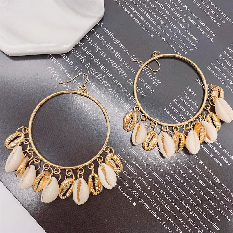 Boho Style Natural Shell Earrings Circle Tassel Pendant Earrings